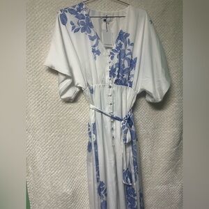 Sugarlips White Maxi Dress with Blue Floral Design Flowy Sleeves Small NWT